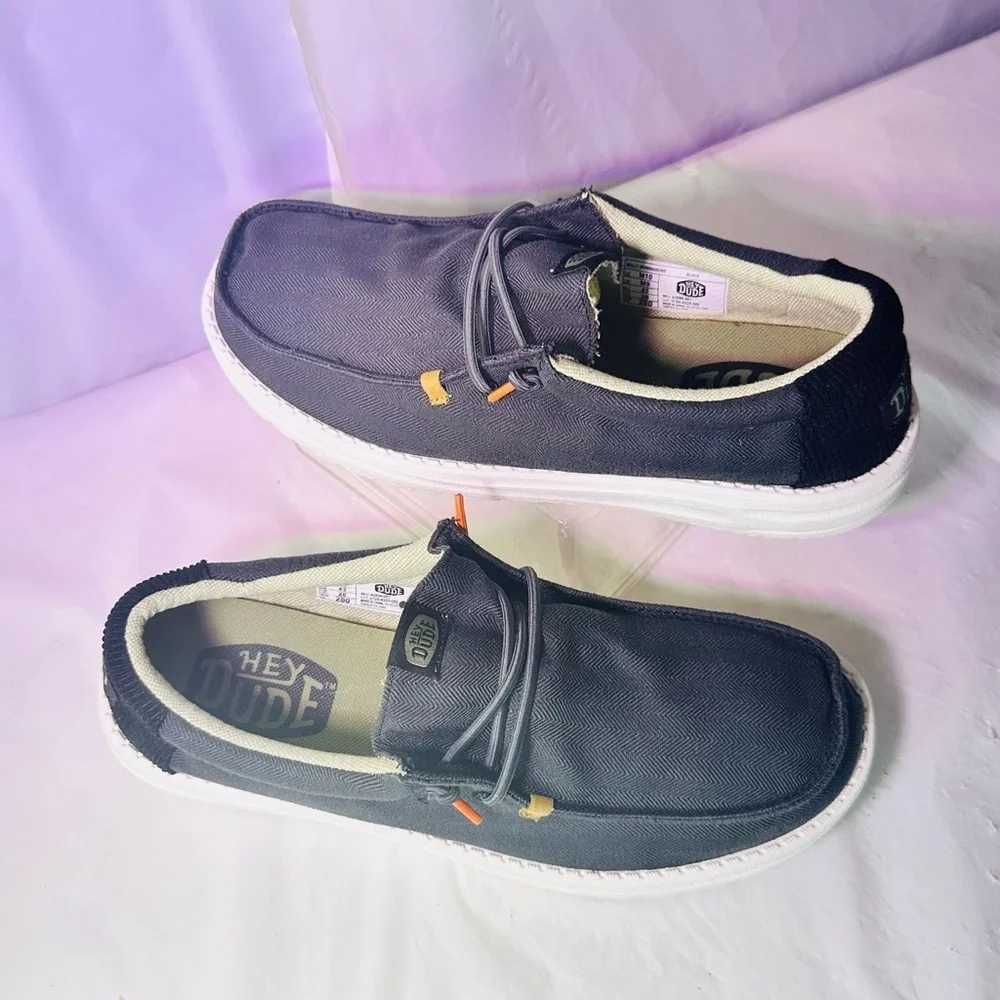 Hey Dude Men's Black Canvas Slip-On Loafers with White Sole